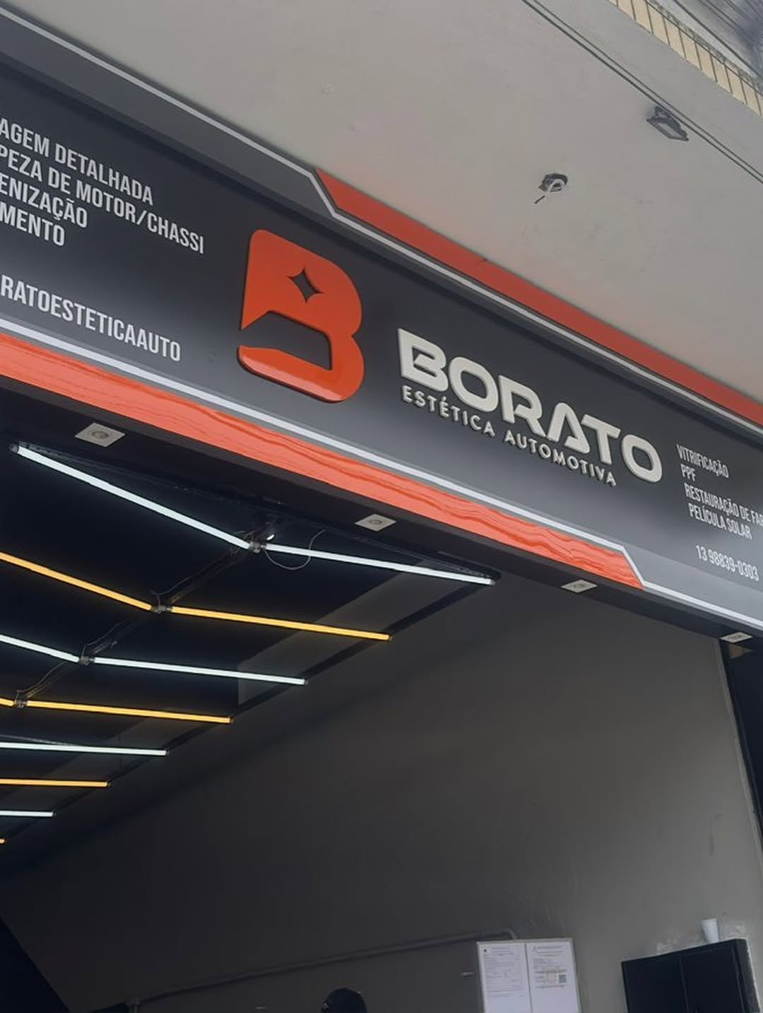 Fachada comercial Borato Estética Automotiva — projeto Visual Colors